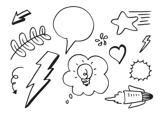Hand drawn Arrow, heart, love, star, leaf,speech bubble,thunderbolt,rocket for concept design.