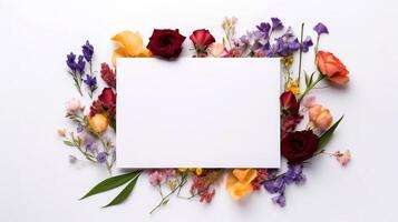 ai generado vistoso flores marco un blanco fondo, ideal para varios proyectos y diseños foto