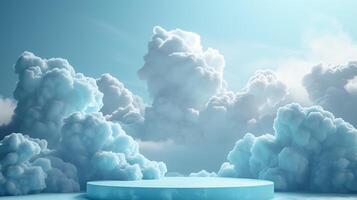 AI generated Abstract 3D podium design in blue with cloud motifs. The scene is for prodact presentation. Generated by artificial intelligence. photo