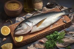 AI generated Fresh sea bass fillet with aromatic spices on wooden board photo