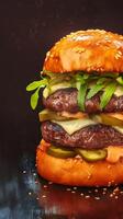 ai generado irresistible hecho en casa hamburguesa desplegado hermosamente en contra oscuro fondo bandera vertical móvil fondo de pantalla foto