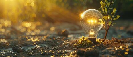 AI generated A lightbulb tree with sunlight on soil. concept save world and energy power. photo