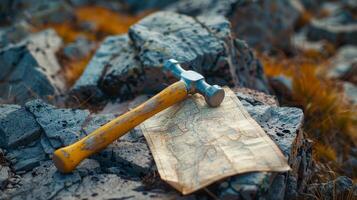 AI generated Geologist's hammer and map in a rugged terrain photo