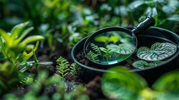 AI generated Botanist's magnifying glass and plant samples in a lush forest photo