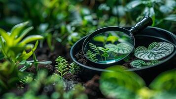 ai generado del botánico aumentador vaso y planta muestras en un lozano bosque foto