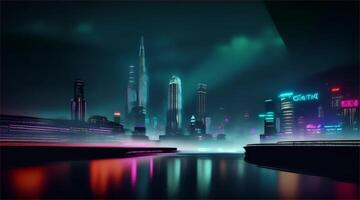 AI generated Animation video graphics.City streets lit up with neon lights at night along with tall buildings along the river in the capital