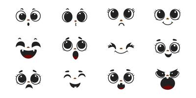 Set of vector cute faces.Collection of faces with different emotions.Vector illustration isolated on white background.Decorative sticker.