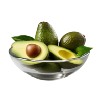 ai generiert ein Schüssel von ganze und in Hälften schneiden Avocados isoliert auf ein transparent Hintergrund png