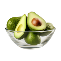 ai generado un cuenco de todo y Cortar por la mitad aguacates aislado en un transparente antecedentes png