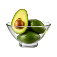 ai generiert ein Schüssel von ganze und in Hälften schneiden Avocados isoliert auf ein transparent Hintergrund png