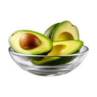 ai generado un cuenco de todo y Cortar por la mitad aguacates aislado en un transparente antecedentes png