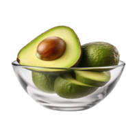 ai gegenereerd een kom van geheel en gehalveerd avocado's geïsoleerd Aan een transparant achtergrond png