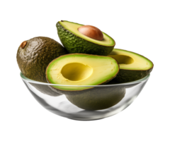 AI generated a bowl of whole and cut-in-half avocados isolated on a transparent background png