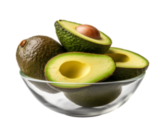 ai generiert ein Schüssel von ganze und in Hälften schneiden Avocados isoliert auf ein transparent Hintergrund png