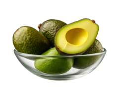 AI generated a bowl of whole and cut-in-half avocados isolated on a transparent background png