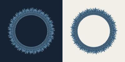 Circular frame in denim style with fringe, topstitching. White, dark background. Vintage style. vector