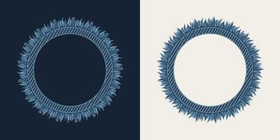 Circular frame in denim style with fringe, topstitching. White, dark background. Vintage style. vector