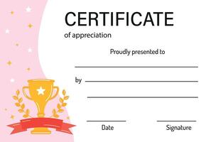 Certificate of appreciation. Achievement certificate in competition with champ cup. Awards diploma template. Diploma for kids background template. For school, preschool,summer camp, sport competition. vector