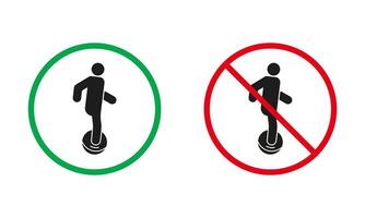 aerotabla, giroscooter, monorrueda advertencia firmar colocar. eléctrico monociclo permitido y prohibir silueta iconos giroscopio scooter rojo y verde circulo símbolo. aislado vector ilustración