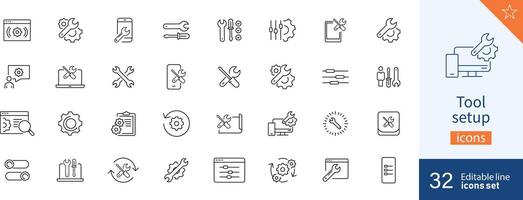 Set of 32 Tool Setup web icons in line style. Icon symbol, arranging, order, customized. Vector illustration.