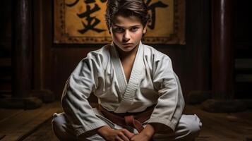 AI generated Young boy in white kimono training sambo, jiu jitsu, and karate in traditional martial arts session photo