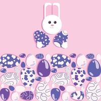 Easter modern illustration. Cute bunny with Easter eggs in his paws in a simple style and seamless pattern with eggs in a modern style, paper cut effect.Vector holiday design.Ornament, spring symbols vector