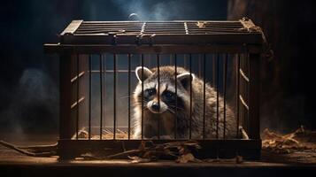 AI generated Raccoon locked in cage. Lonely animal in captivity behind a fence with sad look. Concept of animal rights, wildlife conservation, captivity stress, endangered species, conditions of zoos. photo