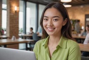 AI Generated A smiling young woman engaging in a casual business discussion in a cafe setting. She looks approachable and competent. photo