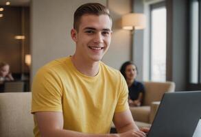 ai generado un contenido hombre trabajando en su computadora portátil, representando enfocado productividad y moderno estilo de trabajo. foto