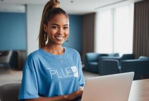 AI Generated A radiant young woman using her laptop in a modern co-working space. Her friendly demeanor and 'PLEDGE' shirt suggest activism or community involvement. photo