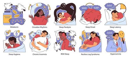 Insomnia set. Diverse characters suffering from sleep deprivation. Sleep vector