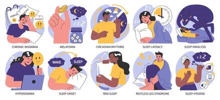 Insomnia set. Diverse characters suffering from sleep deprivation. Sleep vector