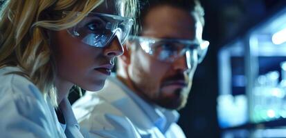 AI generated Research laboratory, scientists conducting experiments, lab equipment and specimens, white lab coats and safety goggles photo