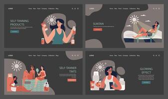 Self-tan web banner or landing page dark or night mode set. Beautiful vector