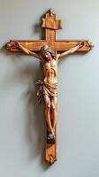 AI generated Crucified Jesus Christ, carved in wood. Sculpture of Christ on cross. Crucifix of the Savior. Concept of Easter, divinity, faith, crucifixion, redemption, religious. Plane light backdrop photo