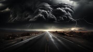 AI generated Ominous sky and serene landscape with dark clouds gathering, signaling approaching tornado photo