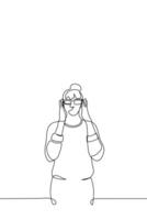 woman with beam on her head puts on glasses on herself- one line drawing vector. concept of trying on new glasses, losing sight and starting to wear glasses, computer glasses for work vector