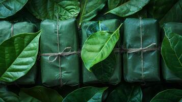 AI generated Leaf-wrapped packages showcase sustainable packaging solutions amidst a backdrop of lush foliage photo