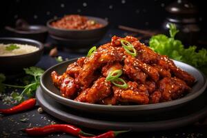 AI generated Delicious dakgalbi. traditional south korean spicy stir-fried chicken - tantalizing flavors to savor photo