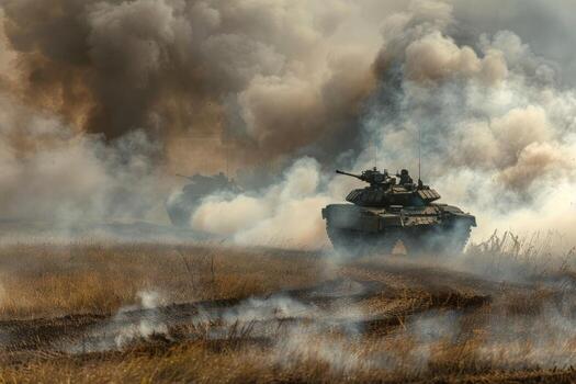 AI generated military armored vehicle crosses the field, dust and smoke around photo