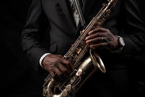 ai generado saxofonistas manos jugando saxofón a mundo jazz festival - musical antecedentes con Copiar espacio foto