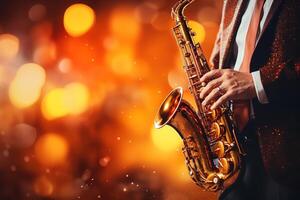 AI generated Close-up of saxophonists hands playing at jazz festival, musical background with copy space photo