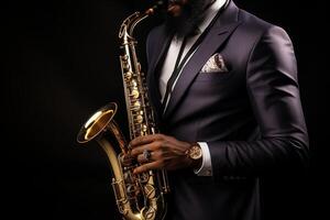 AI generated Saxophonists hands playing saxophone at jazz festival music background with copy space photo