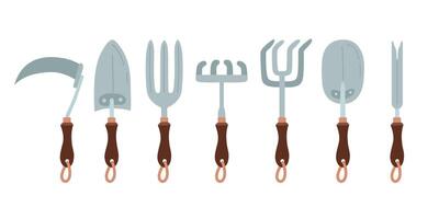 Agriculture tools elements set. Items for gardening and farming. Weeder, rake, spades, fork, hoe, scythe, cutter. Isolated objects on white background. Design elements vector flat illustration.