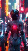 AI generated Android, metallic skin, advanced AI, wandering through a futuristic city, under neon lights, 3D render, backlighting, lens flare photo