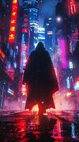 AI generated Mysterious traveler, cloak, enigmatic, exploring the labyrinthine city at night, under the glow of neon lights, 3D render, dramatic backlights, Lens Flare photo