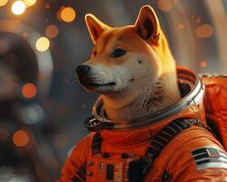 AI generated Doge, space helmet, meme cryptocurrency influencer, exploring the meme economys impact on crypto markets, 3D render, spotlight, bokeh effect photo