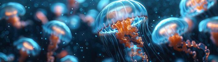 AI generated Luminous jellyfish-like creatures floating in an underwater power plant harnessing bio-luminescence for energy production 3D render photo