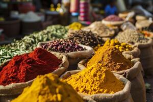 AI generated Bowls with colourful spice in market in India.A man sells spices in an Indian market. Asian or mexican food banners, advertisement. Copy space photo