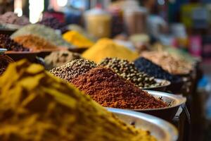 ai generado bochas con vistoso especia en mercado en india.a hombre vende especias en un indio mercado. asiático o mexicano comida pancartas, anuncio publicitario. Copiar espacio foto